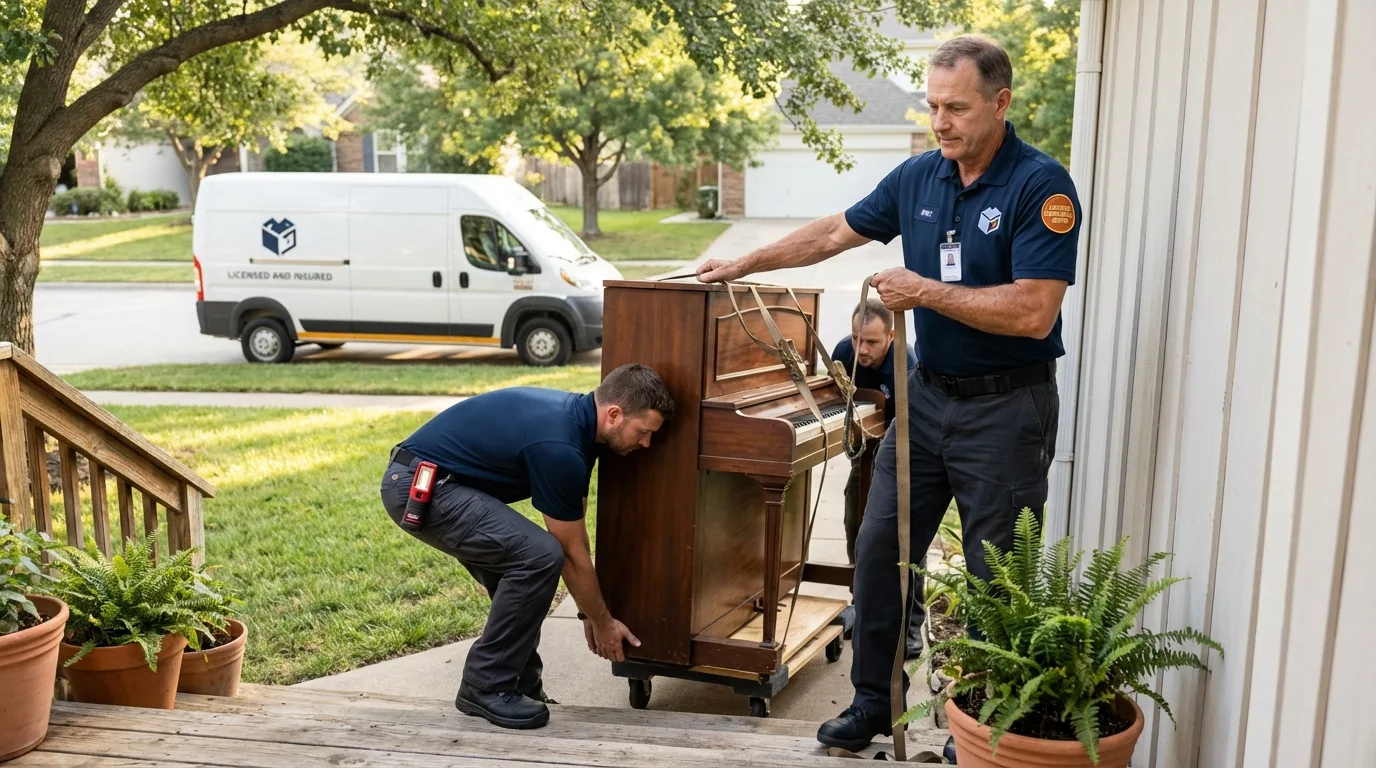 Licensed piano movers securing grand piano in Greenock, PA