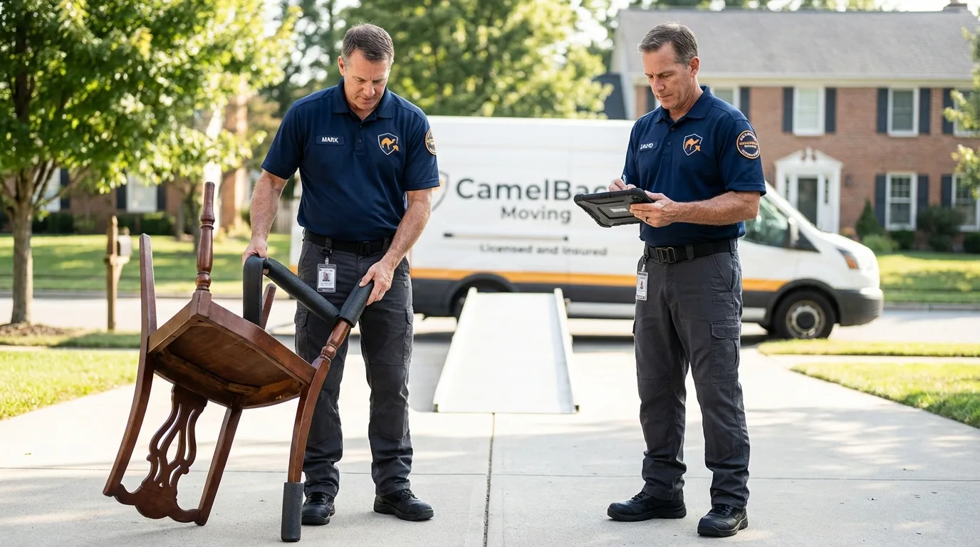 Movers inspecting furniture for damage prevention before loading in Greenock, PA
