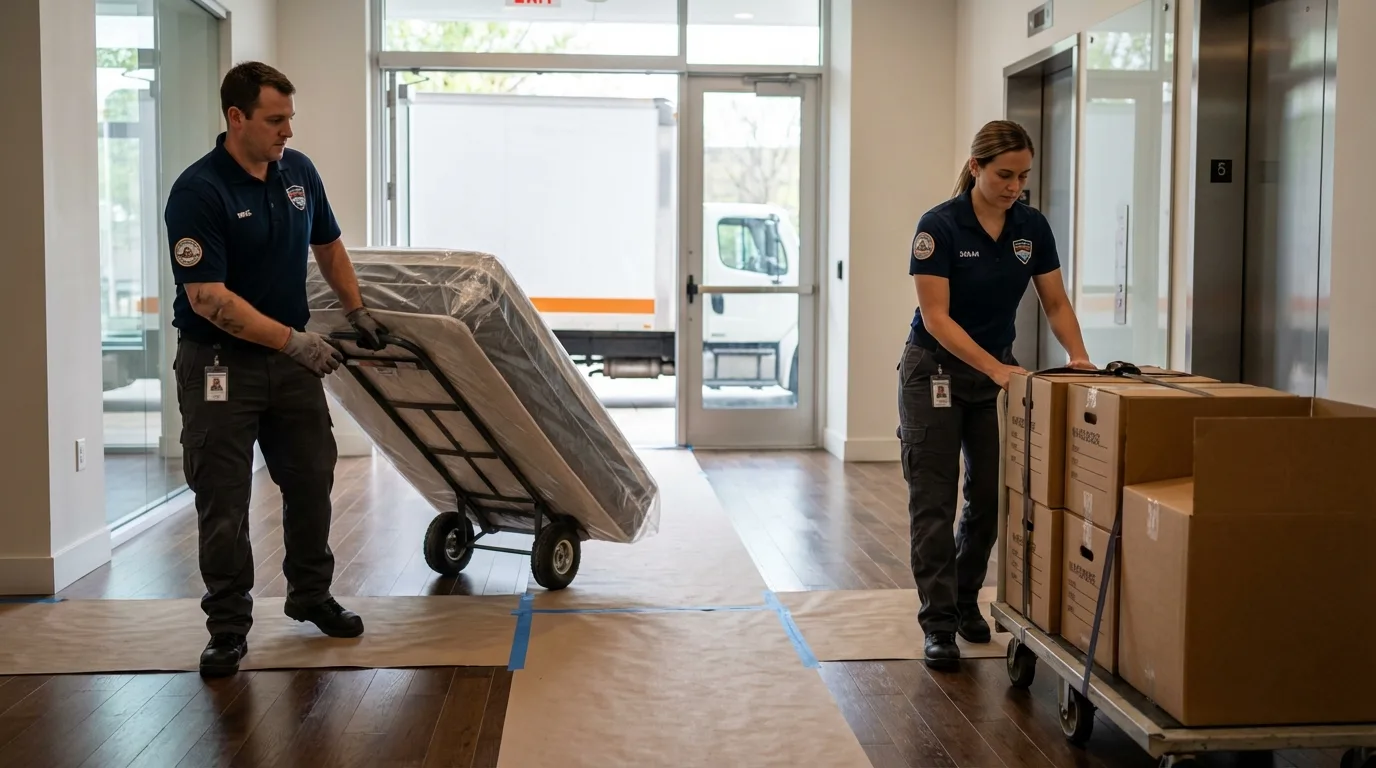 Professional apartment movers loading elevator in Greenock, PA